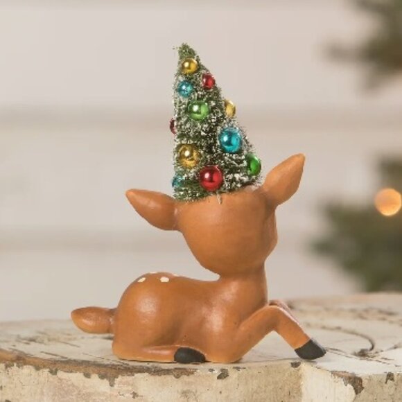 Bethany Lowe Christmas Merry & Bright Resting Reindeer w/ Bottlebrush Tree NEW - Picture 4 of 4